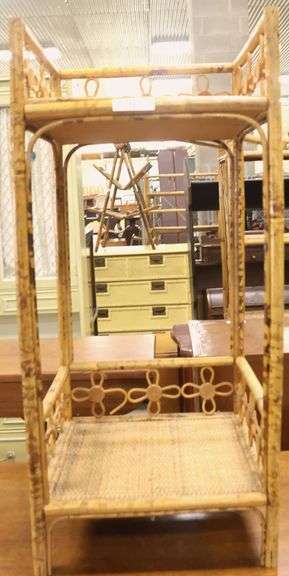 Boho MCM Scorched Bamboo Rattan Two Tier Stand, Minor Imperfections