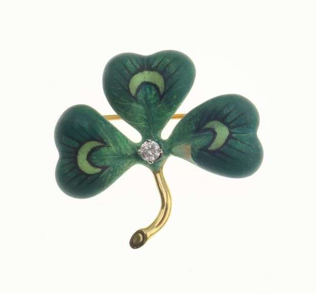 18k Gold Enameled Diamond 3 Leaf Clover Pin 8.0g