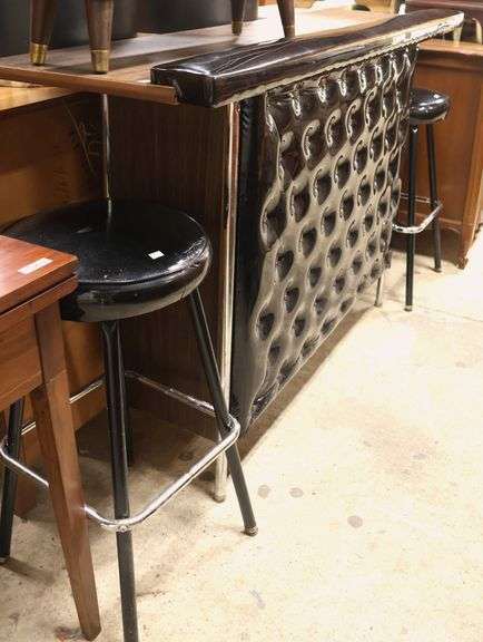 MCM Button Tufted Black Vinyl and Laminate Bar with Two Stools