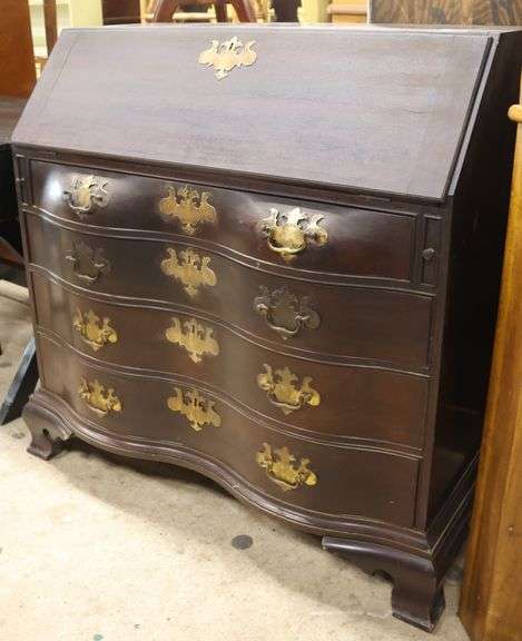 Wallace Nutting Colonial Revival Mahogany Oxbow Slant Front Desk