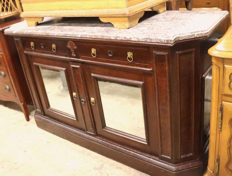 Victorian Marble Top Mahogany Server with Mirrored Doors