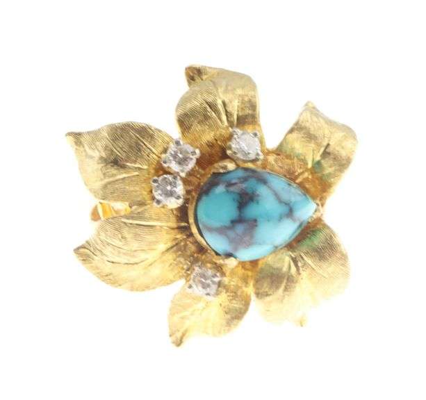 18k Gold Turquoise & Diamond Flower Design Ring 11.0g.