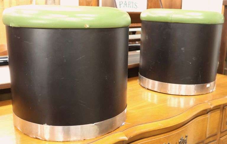 Pair Retro Vinyl and Chrome Ottomans, Imperfections