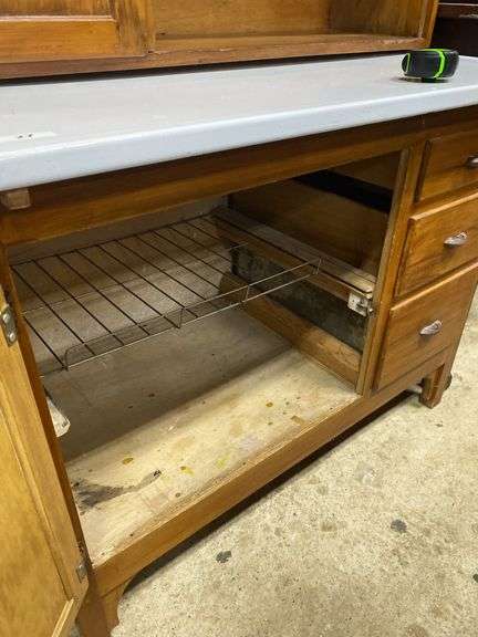 Hoosier Type Stained Kitchen Cabinet with Porcelain Top, Missing Pull on Door