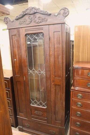 Antique Golden Oak Armoire with Leaded Glass Door, Repair and Losses to Crest