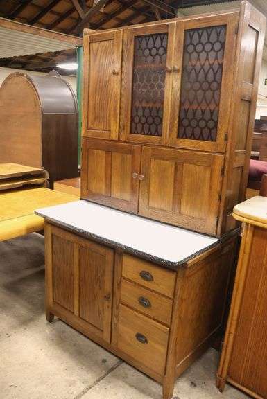 Antique Hoosier Type Oak Kitchen Cabinet with Porcelain Work Surface