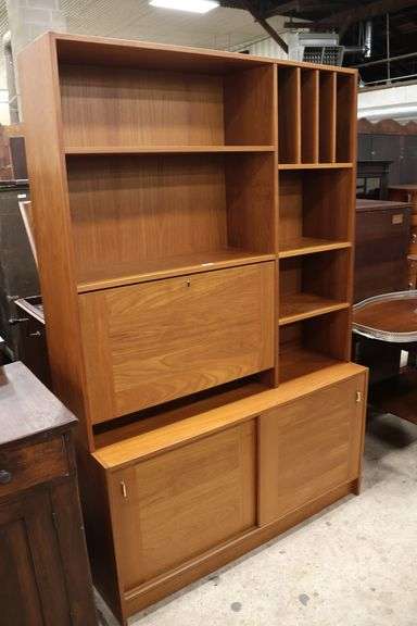 Danish MCM Teak Two Piece Bookcase with Desk Compartment