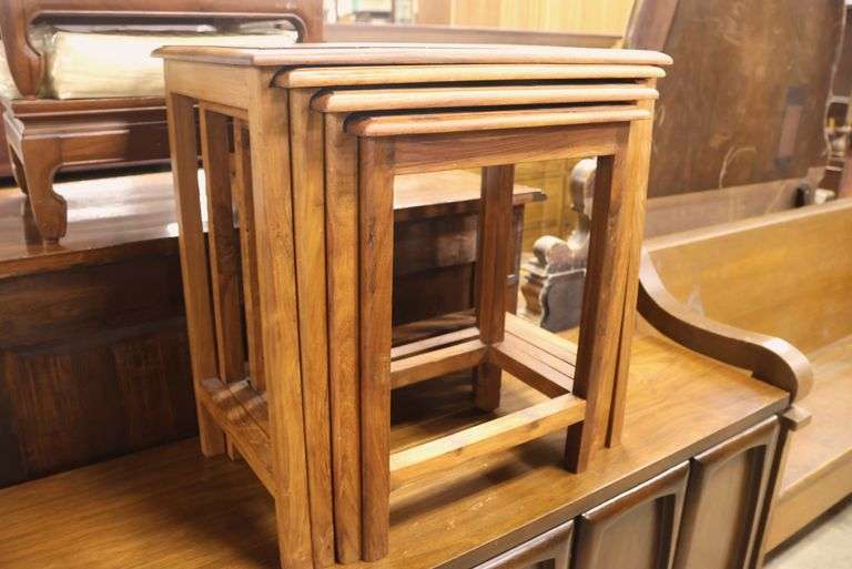 Ethnographic MCM Brass-Inlaid Hardwood Nesting Tables