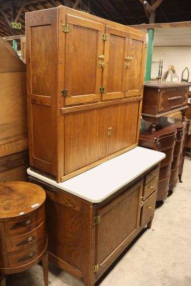 Antique Hoosier Type Oak Kitchen Cabinet with Porcelain Work Surface