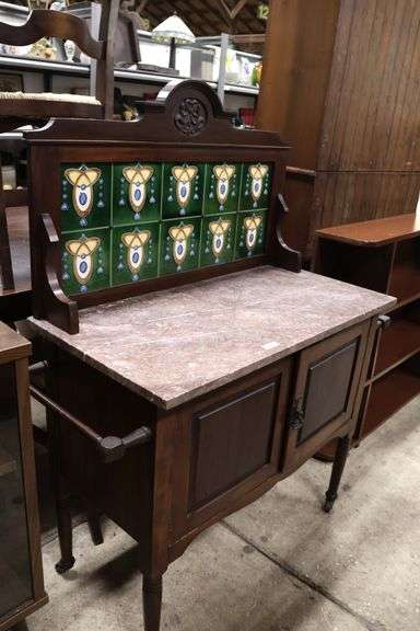 Edwardian Carved Mahogany Tile Back Marble Top Washstand
