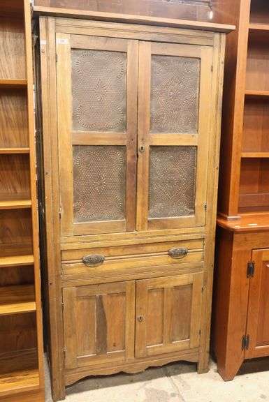 Antique Farmhouse Poplar Punched Tin Pie Safe