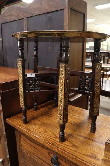 Ethnographic Inlaid Folding Cocktail Table with Brass Tray Top