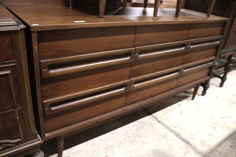 MCM Walnut Nine Drawer Dresser with Laminate Top, Minor Wear