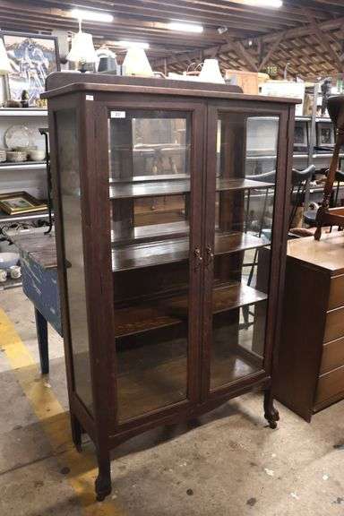 Antique Golden Oak China Cabinet, Veneer Damage