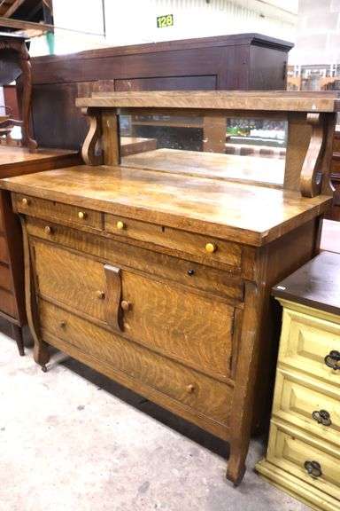 Antique Golden Oak Server with Mirror, One Pull Missing