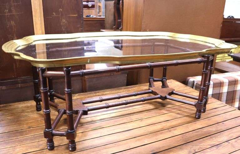 Baker Mahogany Faux Bamboo Coffee Table with Glass and Brass Tray Top