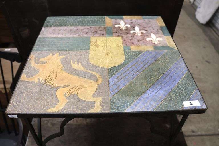 MCM Mosaic Top Heraldic Wrought Iron Cocktail Table
