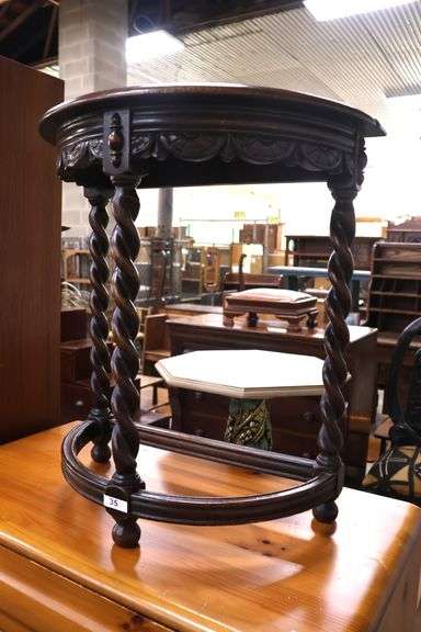 Colonial Revival Carved Oak Barley Twist Demilune Table