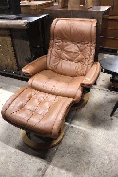Ekornes MCM Brown Leather Stressless Chair and Ottoman