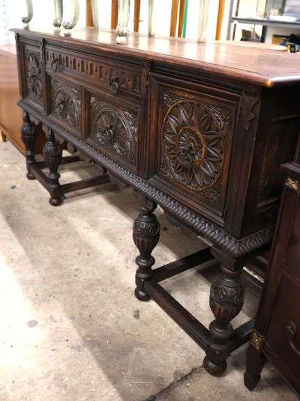 Colonial Revival Jacobean Style Carved Oak Sideboard