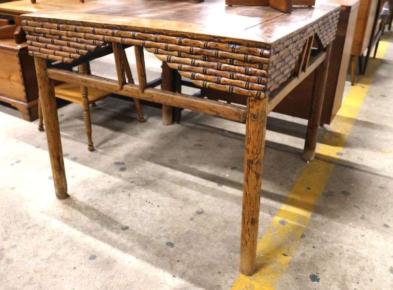 Antique Chinese Mixed Woods Faux Bamboo Square Leg Table
