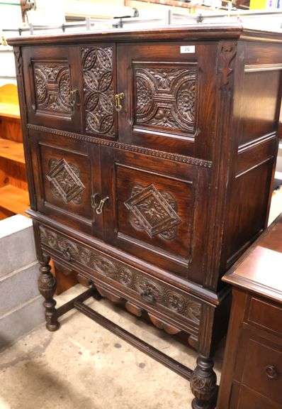 Colonial Revival Jacobean Style Carved Oak Court Cupboard