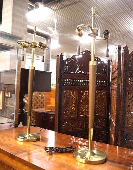 Pair MCM Brass and Wood Lamps