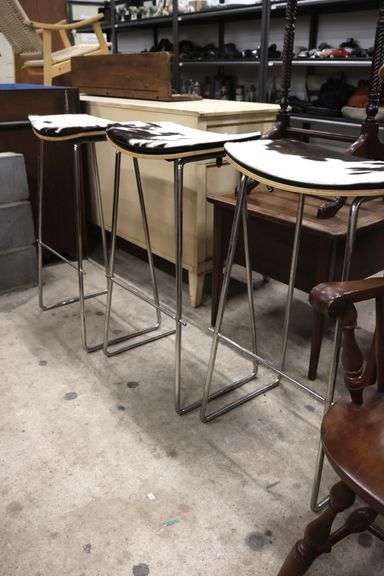 (3) MCM Style Chrome and Cowhide Stools