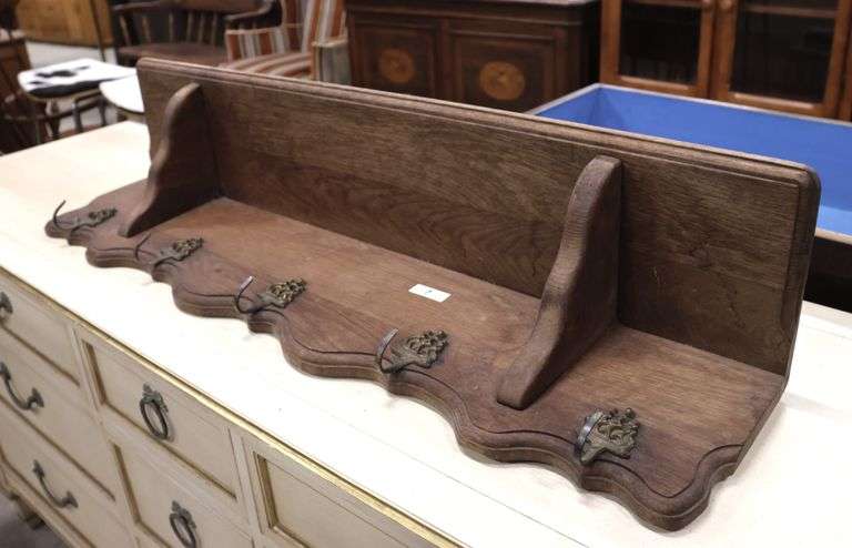 Antique Golden Oak Wall Shelf with Coat Hooks
