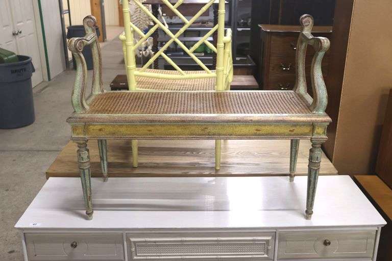 Hollywood Regency MCM Painted Cane Seat Window Bench