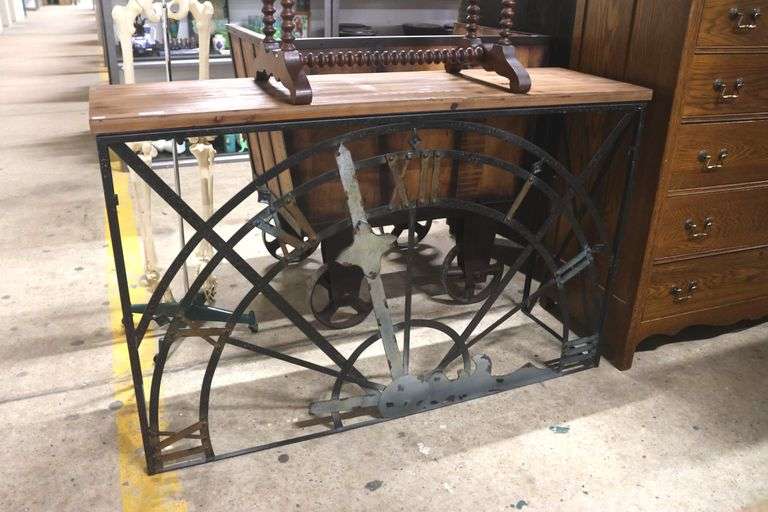 Modern Industrial Style Pine and Metal Clock Dial Serving Table