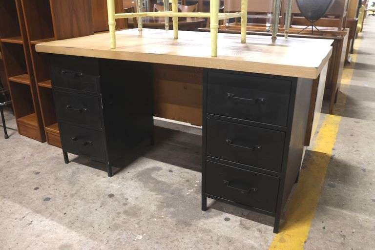 Industrial Style Oak and Metal Kneehole Desk