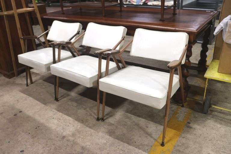 (3) MCM Metal Armchairs with Walnut Armrests