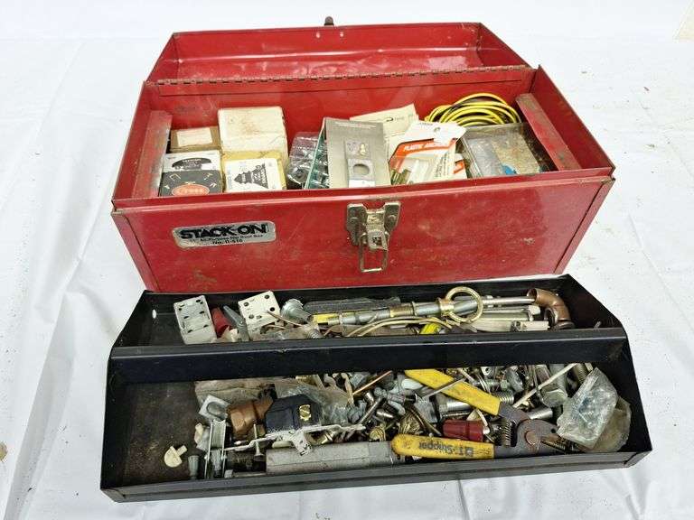 Red Metal Stack-On Box with Contents (screws & related items )