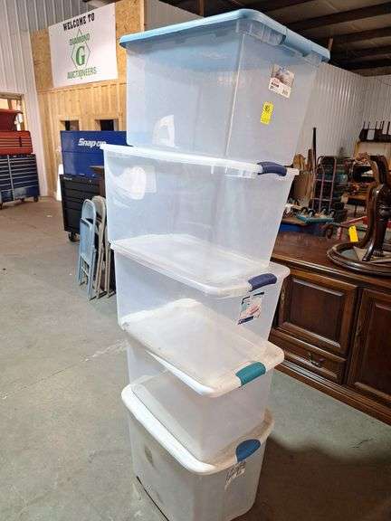 Five plastic clear totes with lids