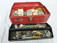 Red Metal Stack-On Box with Contents (screws & related items )