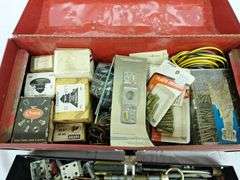 Red Metal Stack-On Box with Contents (screws & related items )