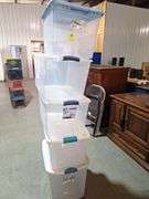 Five plastic clear totes with lids