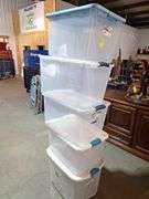 Five plastic clear totes with lids