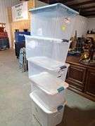 Five plastic clear totes with lids