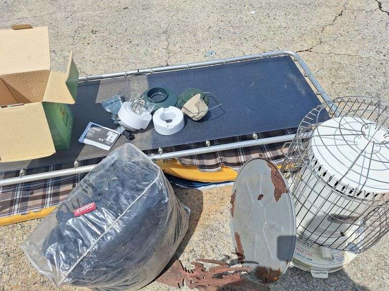 Coleman Lantern -- Coleman Sleeping Bag -- Cot -- White  Kerosene Heater all one money
