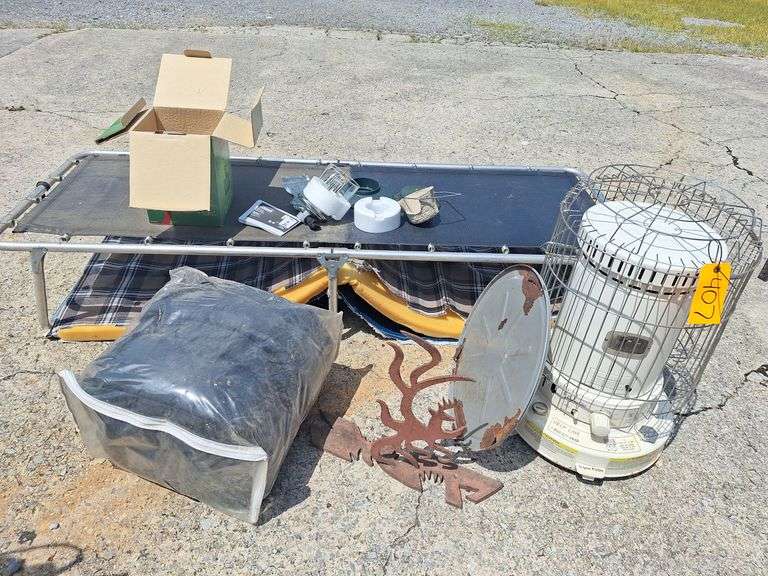 Coleman Lantern -- Coleman Sleeping Bag -- Cot -- White  Kerosene Heater all one money