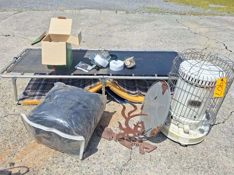 Coleman Lantern -- Coleman Sleeping Bag -- Cot -- White  Kerosene Heater all one money