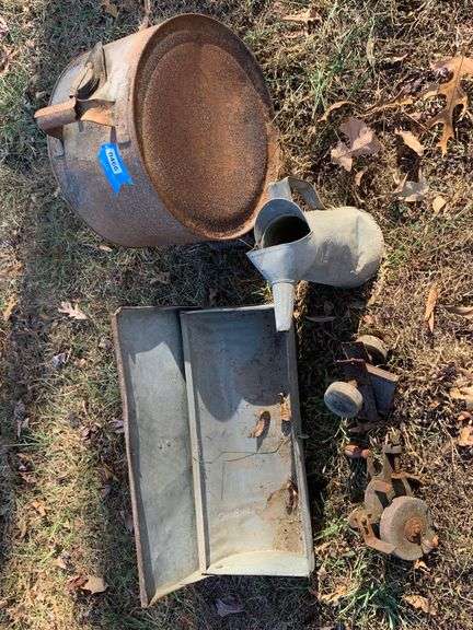 Vintage Metal Gas Tank, Oil Can, Door Hardware, and Sharpening Stone with Metal Toolbox