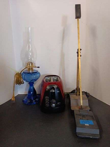 Desk Lamp, Oster Toaster & Blue Glass Faux Oil Lamp