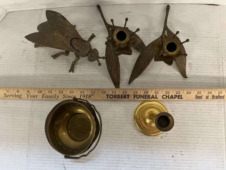 Brass Fly Ashtray, Brass Flower Candle Sticks, and More