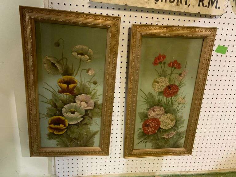 (2) Framed Vintage Floral Paintings on Glass