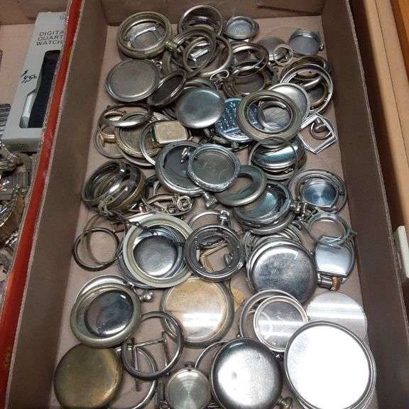 Large Assortment of Pocket Watch Cases, Watch Bands & Assorted Parts