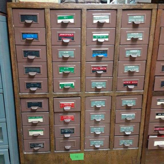 36 Drawer Card Catalog Cabinet w/ Assorted Contents