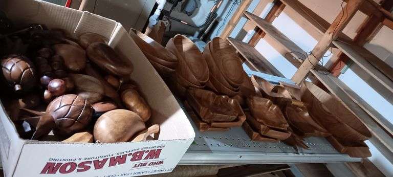 Collection of Wood Carved Bowls and Serving Pieces & Wood Fruit